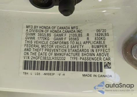 2020 Honda Civic Ex z USA, uszkodzony, nr VIN 2HGFC3B32LH352332